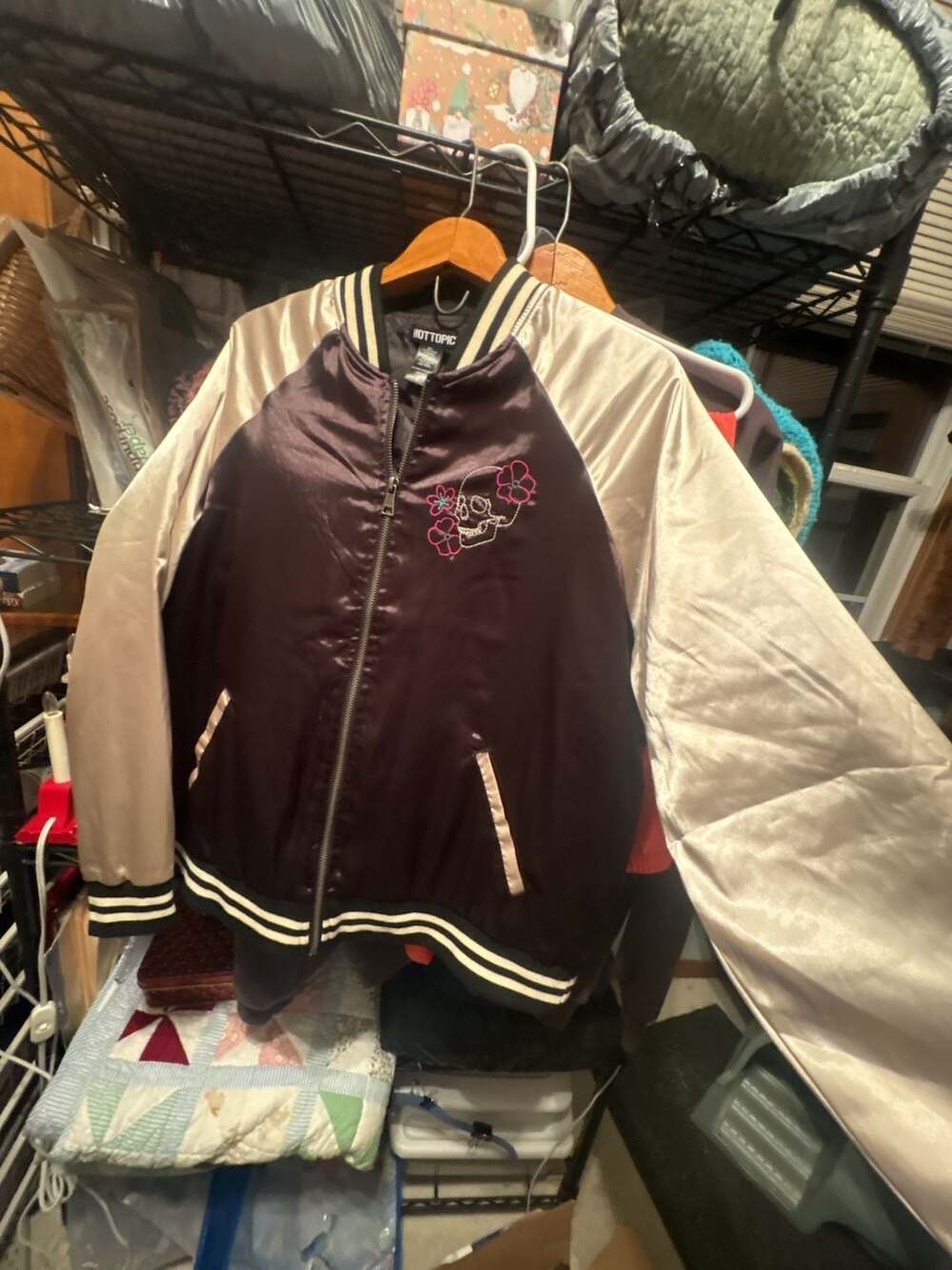 Hot Topic Women's Skull And Koi Fish Embroidered Satin Bomber Jacket Size 0